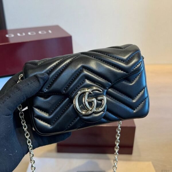 Gucci Black GG Chevron Mini Flap Bag — view 2 Gucci Black GG Chevron Mini Flap Bag — view 2